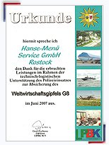 Dank- und Anerkennungsurkunde zum G8-Gipfel 2007 in Rostock vom Landesamt für zentrale Aufgaben und Technik der Polizei, Brand- und Katastrophenschutz (LPBK M-V)